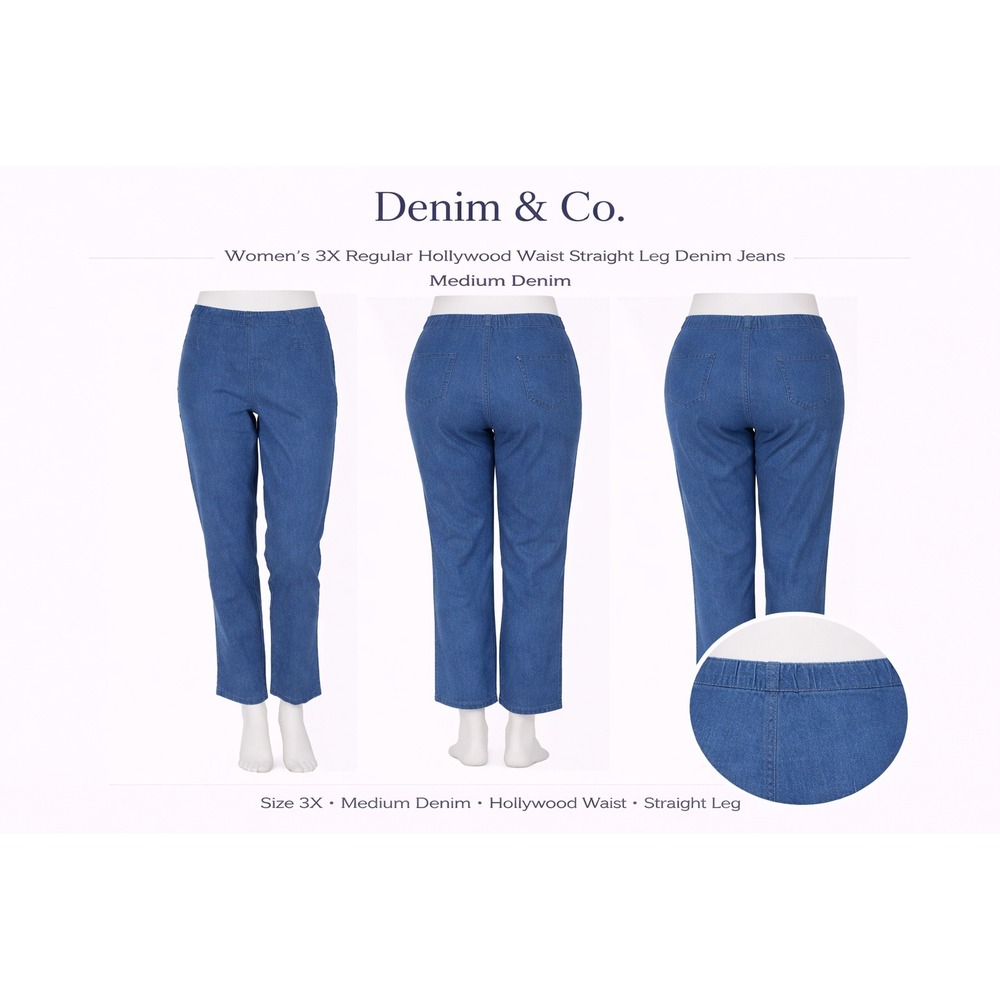 Denim & Co Womens 3X Regular Hollywood Waist Straight Leg Jean Medium Denim Blue